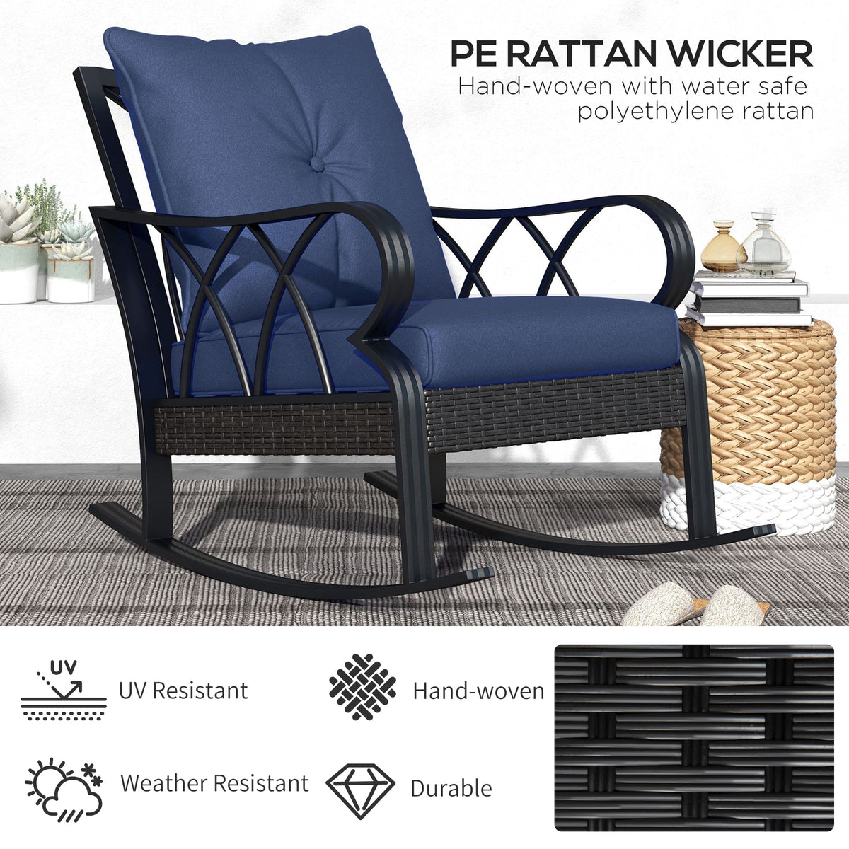 Outsunny 2 Pc Patio Wicker Rocking Chairs with Removable Cushions, Outdoor Rattan Rockers, Blue - 867-048V01DB