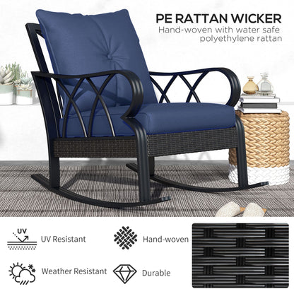 Outsunny 2 Pc Patio Wicker Rocking Chairs with Removable Cushions, Outdoor Rattan Rockers, Blue - 867-048V01DB