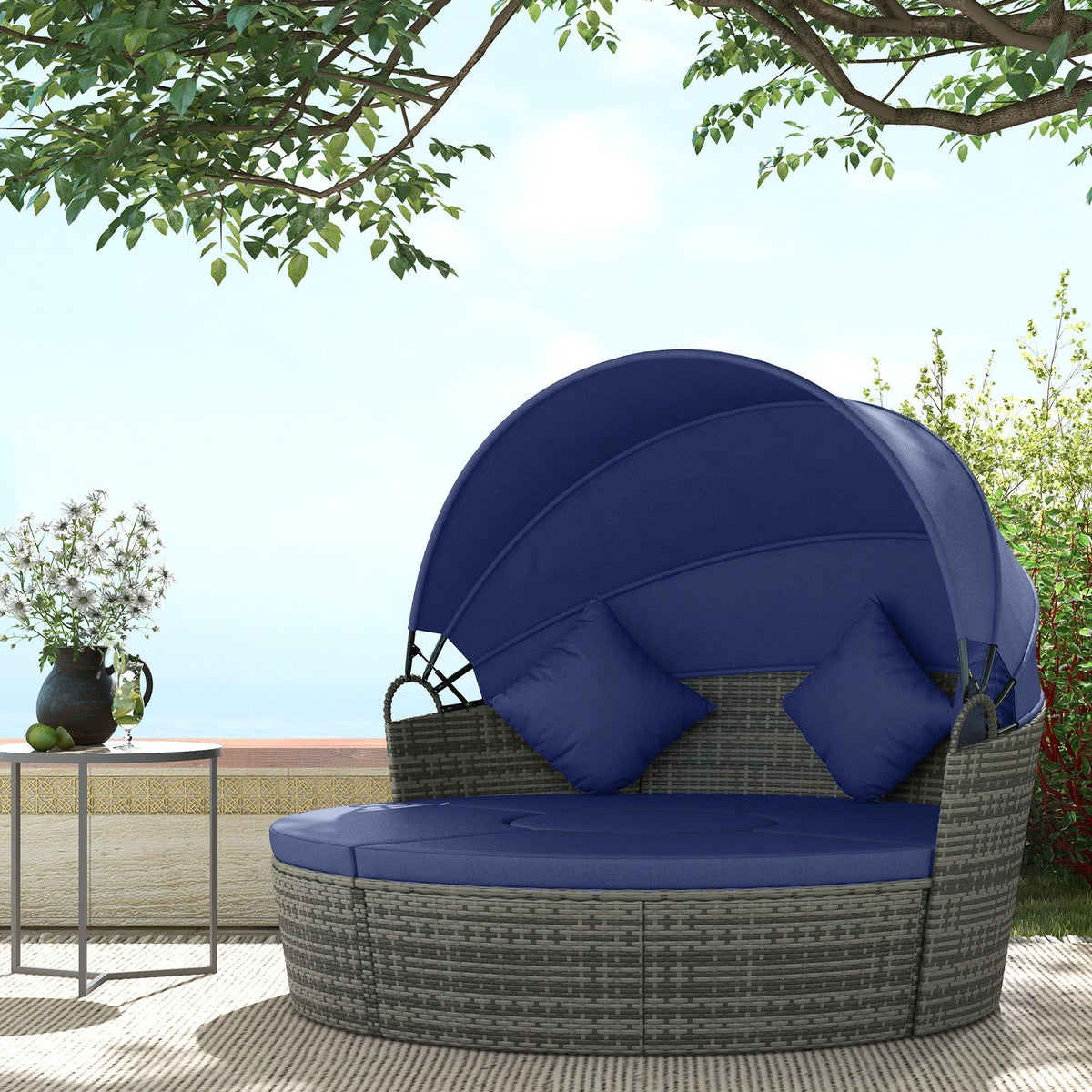 Outsunny Round Outdoor Daybed with Canopy, 4-Piece Sectional Outdoor Sofa, 3 Chairs, Tea Table, Dark Blue - 862-047V00DB