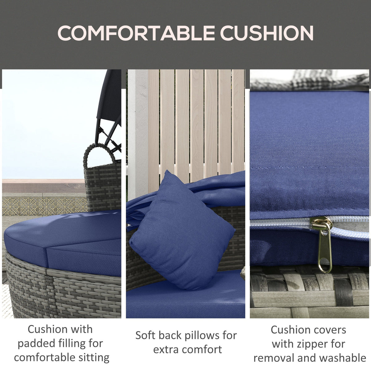 Outsunny Round Outdoor Daybed with Canopy, 4-Piece Sectional Outdoor Sofa, 3 Chairs, Tea Table, Dark Blue - 862-047V00DB