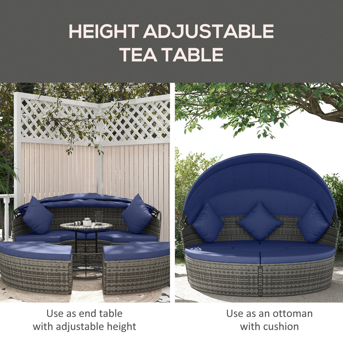 Outsunny Round Outdoor Daybed with Canopy, 4-Piece Sectional Outdoor Sofa, 3 Chairs, Tea Table, Dark Blue - 862-047V00DB