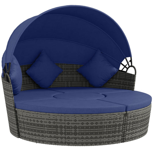 Outsunny Round Outdoor Daybed with Canopy, 4-Piece Sectional Outdoor Sofa, 3 Chairs, Tea Table, Dark Blue - 862-047V00DB