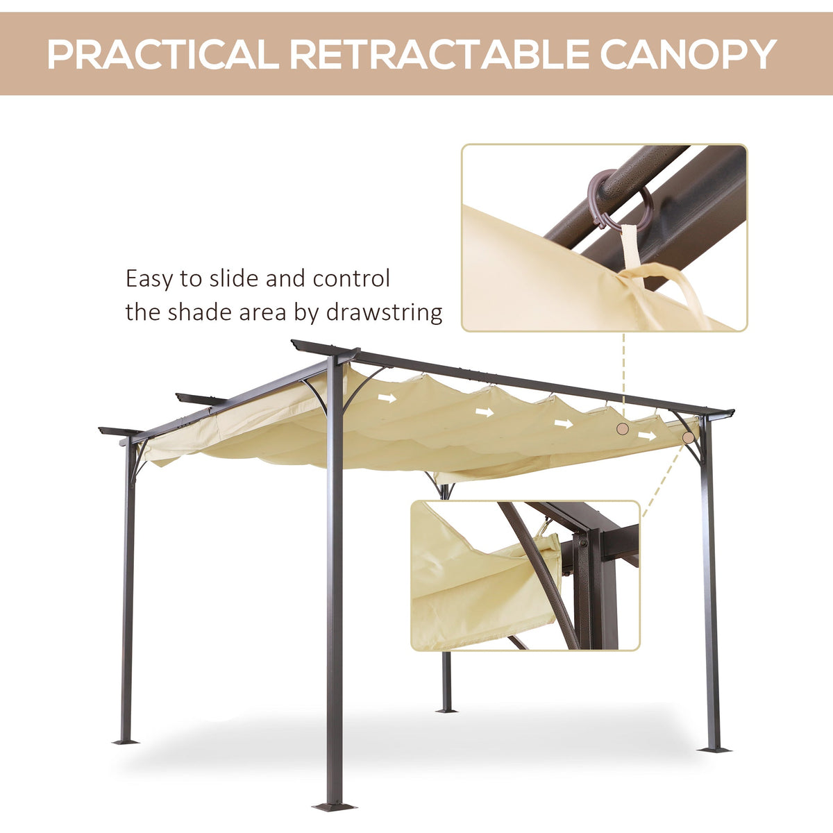 Outsunny 11.5'x11.5' Retractable Metal Pergola Canopy Shade for Patio, Backyard & Grill, Beige - 84C-092